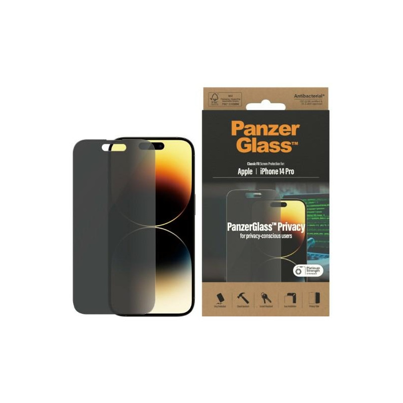 PanzerGlass Classic Fit antibakterinis privatumo stiklas skirtas iPhone 14 Pro