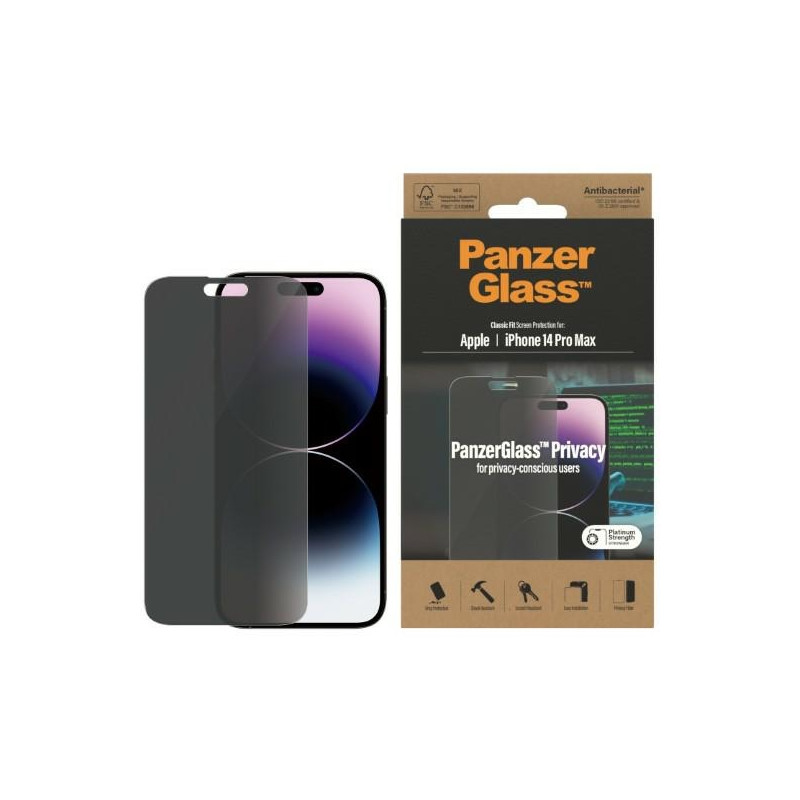 PanzerGlass Classic Fit antibakterinis privatumo stiklas skirtas iPhone 14 Pro Max