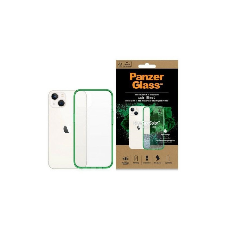 PanzerGlass ClearCase antibakterinis dėklas su karinio lygio sertifikatu iPhone 13 / 14 / 15 - skaidrus žalias