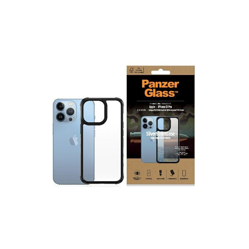 PanzerGlass ClearCase antibakterinis karinio lygio sertifikuotas dėklas iPhone 13 Pro - skaidrus ir juodas