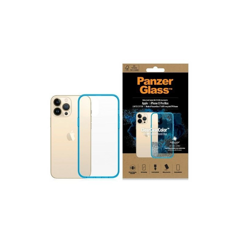„PanzerGlass ClearCase“ antibakterinis karinio lygio sertifikuotas dėklas, skirtas „iPhone 13 Pro Max“ – permatomas mėly...
