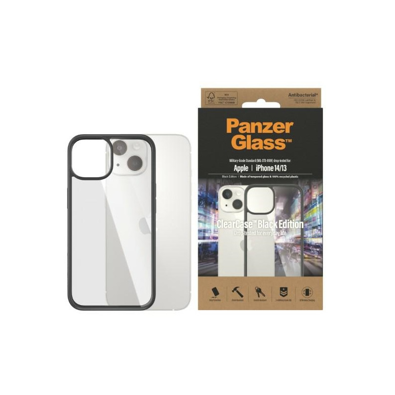 PanzerGlass ClearCase antibakterinis dėklas iPhone 14/ 15/ 13 - skaidrus ir juodas