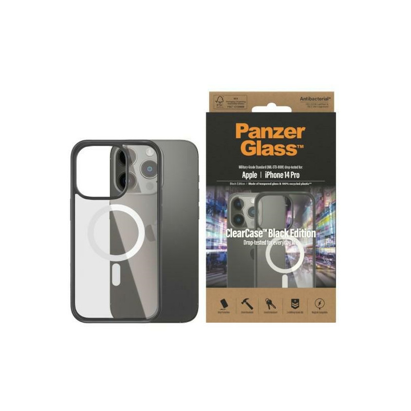 PanzerGlass ClearCase dėklas su MagSafe antibakteriniu iPhone 14 Pro - skaidrus ir juodas