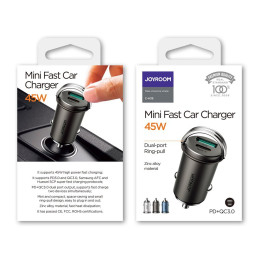 Joyroom greitas automobilinis įkroviklis C tipo USB / USB 45 W 5 A maitinimo tiekimo greitas įkrovimas 3.0 AFC SCP pilka...