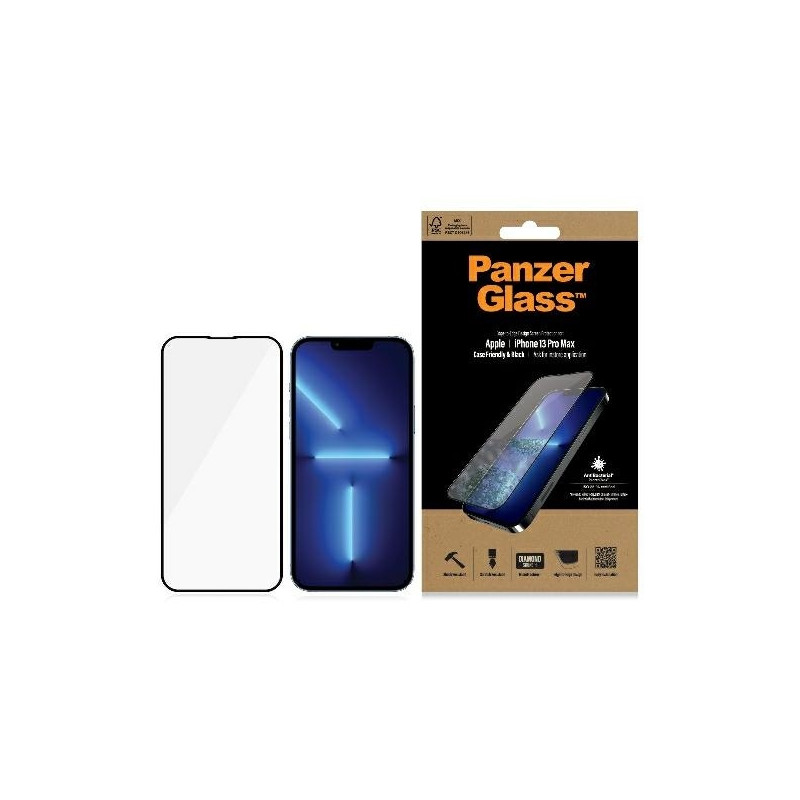 PanzerGlass E2E Microfracture antibakterinis stiklas skirtas iPhone 13 Pro Max - su juodu rėmeliu
