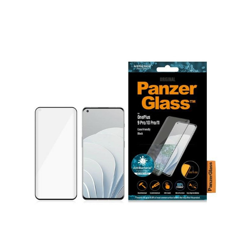 PanzerGlass E2E Microfracture antibakterinis stiklas ant OnePlus 9 Pro / 10 Pro / 11 - su juodu rėmeliu