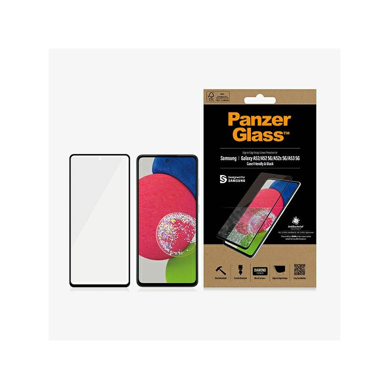 PanzerGlass E2E Microfracture antibakterinis stiklas, skirtas Samsung Galaxy A52 / A52 5G / A53 5G - su juodu rėmeliu