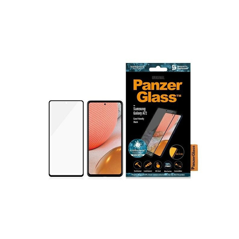 PanzerGlass E2E Microfracture antibakterinis stiklas Samsung Galaxy A72 - su juodu rėmeliu