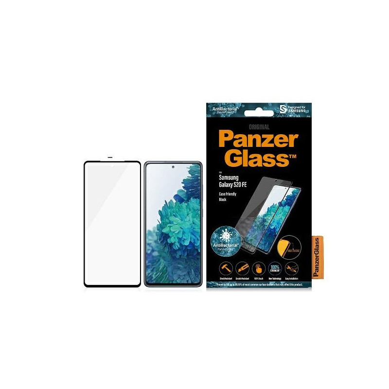 PanzerGlass E2E Microfracture antibakterinis stiklas, skirtas Samsung Galaxy S20 FE - su juodu rėmeliu