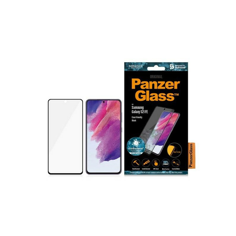 PanzerGlass E2E Microfracture antibakterinis stiklas, skirtas Samsung Galaxy S21 FE - su juodu rėmeliu