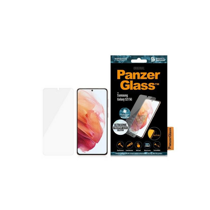 PanzerGlass E2E Microfracture antibakterinis stiklas, skirtas Samsung Galaxy S21 - su juodu rėmeliu
