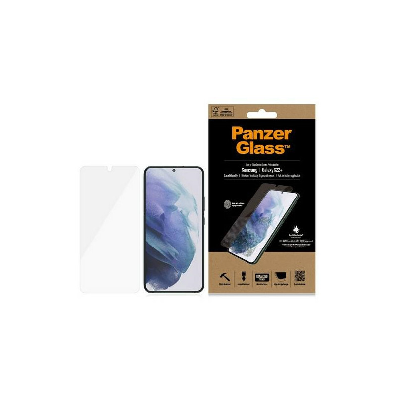 PanzerGlass E2E Microfracture antibakterinis stiklas, skirtas Samsung Galaxy S22+ - su juodu rėmeliu