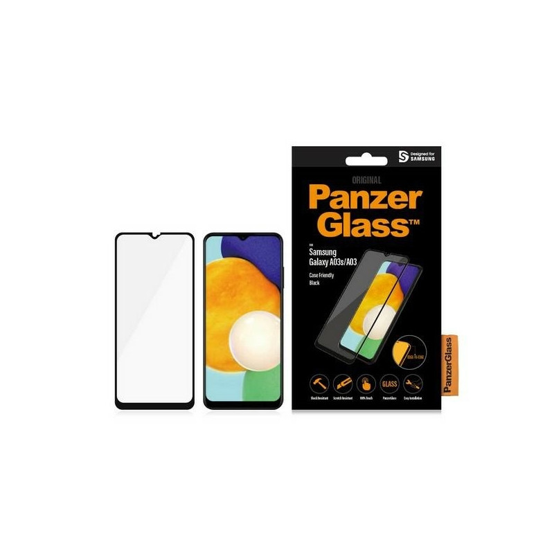 PanzerGlass E2E Įprastas grūdintas stiklas, skirtas Samsung Galaxy A03 - su juodu rėmeliu