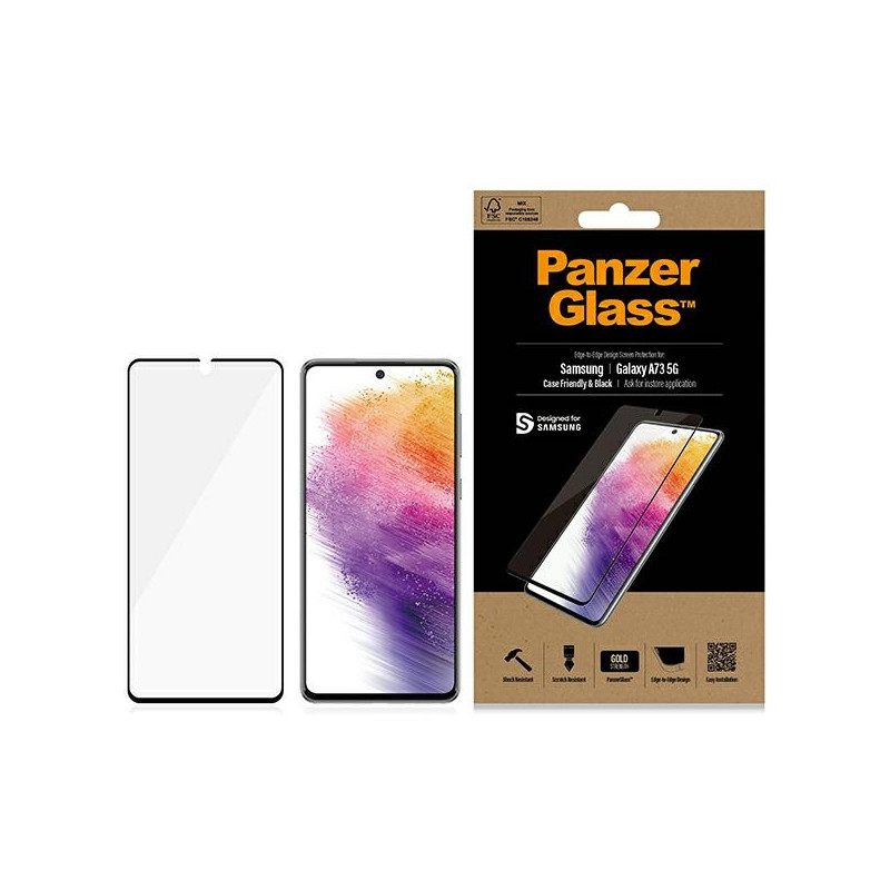 PanzerGlass E2E Įprastas grūdintas stiklas, skirtas Samsung Galaxy A73 - su juodu rėmeliu