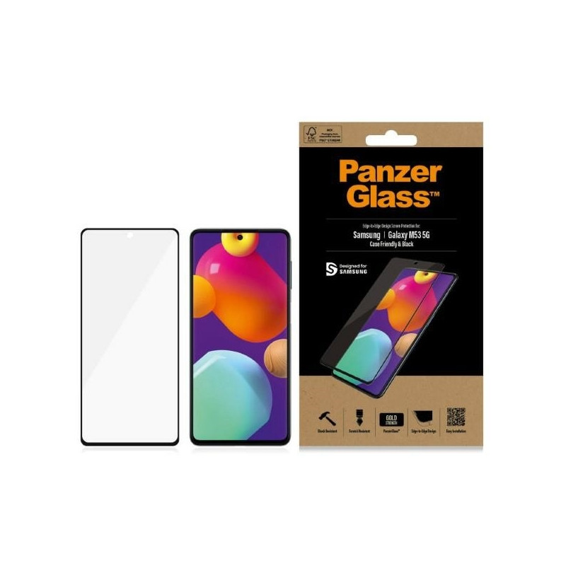 PanzerGlass E2E Įprastas grūdintas stiklas, skirtas Samsung Galaxy M53 - su juodu rėmeliu