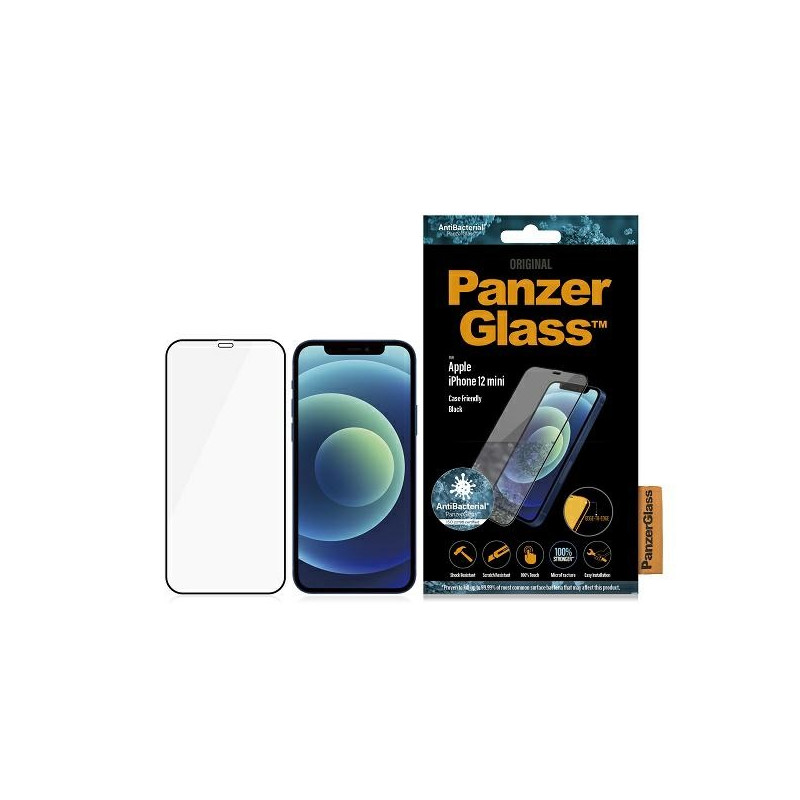 PanzerGlass E2E Super+ Microfracture antibakterinis grūdintas stiklas skirtas iPhone 12 mini - su juodu rėmeliu