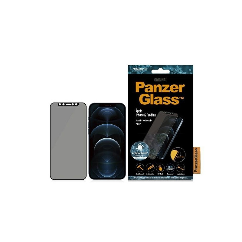 PanzerGlass E2E Super+ Microfracture antibakterinis grūdintas stiklas, skirtas iPhone 12 Pro Max – su juodu rėmeliu