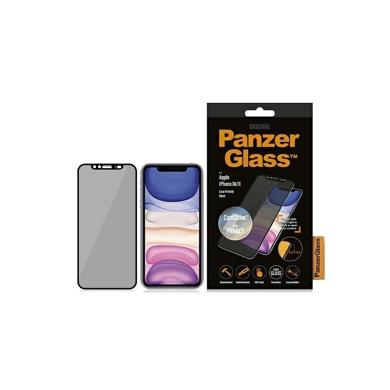 PanzerGlass E2E Super+ privatumo grūdintas stiklas su fotoaparato dangteliu, skirtas iPhone XR / 11 - su juodu rėmeliu