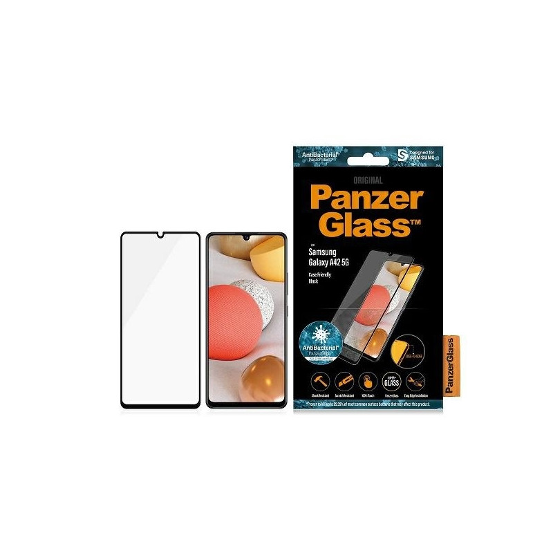 PanzerGlass E2E Super+ antibakterinis grūdintas stiklas, skirtas Samsung Galaxy A42 5G - su juodu rėmeliu