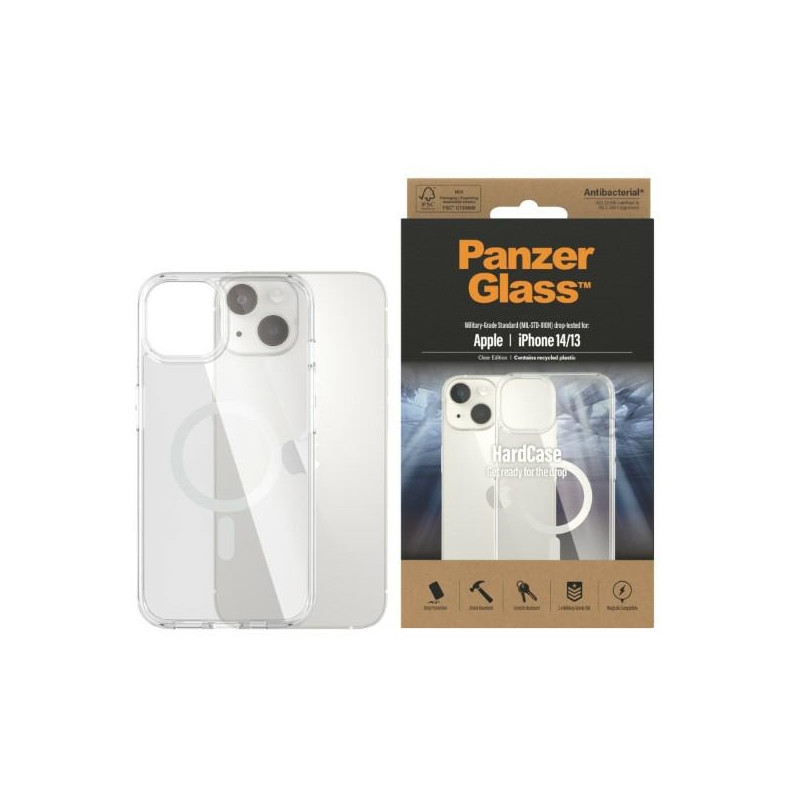 PanzerGlass kietas dėklas su MagSafe antibakteriniu karinio lygio sertifikuotu dėklu iPhone 14/ 15/ 13 – skaidrus