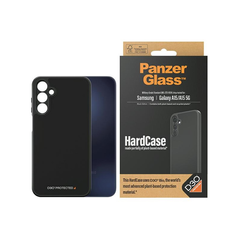 PanzerGlass kietas dėklas su D3O® Bio ir karinio lygio sertifikatu, skirtas Samsung Galaxy A15 / A15 5G – skaidrus ir ju...