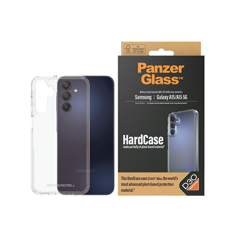 PanzerGlass HardCase dėklas su D3O® Bio ir karinio lygio sertifikatu, skirtas Samsung Galaxy A15 / A15 5G – skaidrus