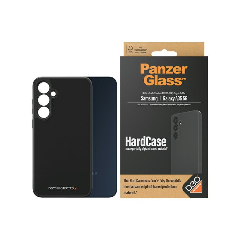 PanzerGlass kietas dėklas su D3O® Bio ir karinio lygio sertifikatu, skirtas Samsung Galaxy A35 5G – skaidrus ir juodas