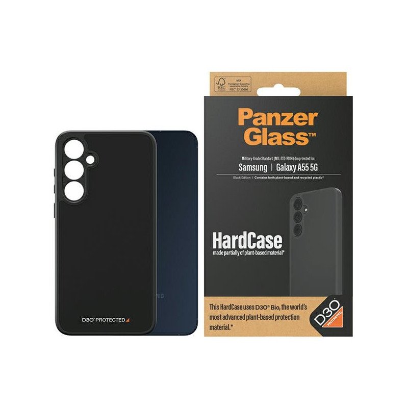 PanzerGlass kietas dėklas su D3O® Bio ir karinio lygio sertifikatu, skirtas Samsung Galaxy A55 5G – skaidrus ir juodas