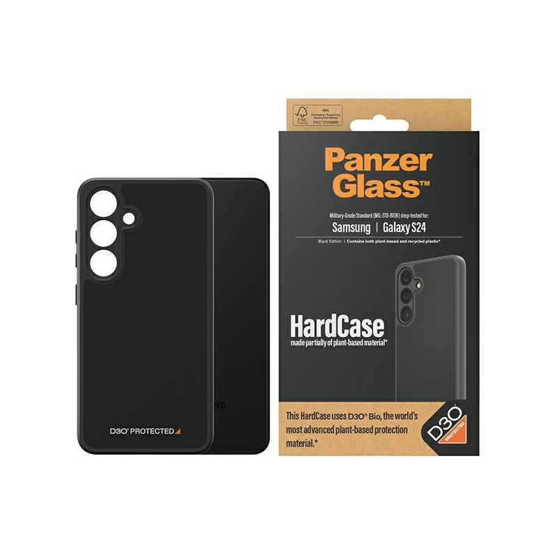 PanzerGlass kietas dėklas su D3O® Bio ir karinio lygio sertifikatu, skirtas Samsung Galaxy S24 – skaidrus ir juodas