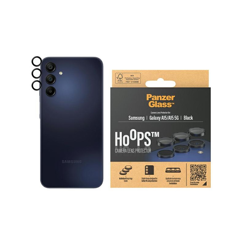 „PanzerGlass Hoops“ fotoaparato apsauga, skirta Samsung Galaxy A15 / A15 5G – su juodu rėmeliu