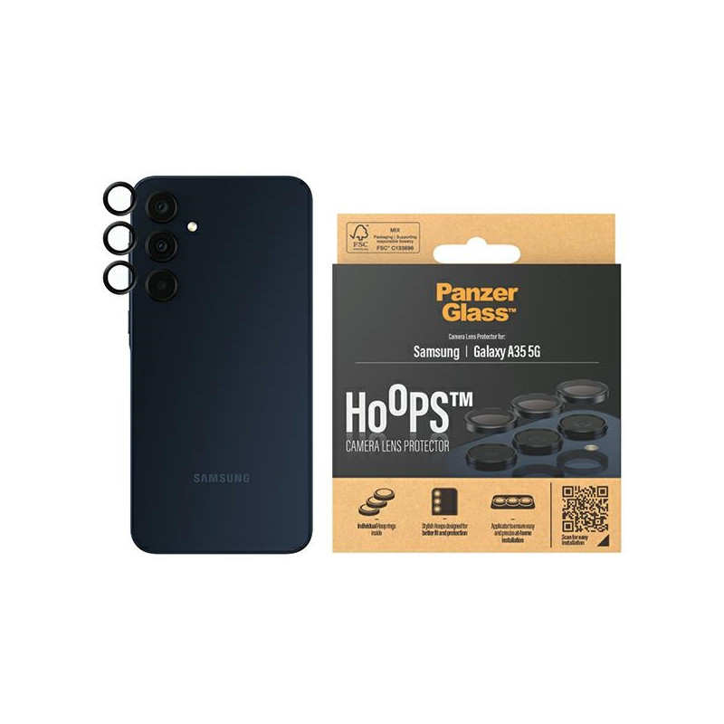 „PanzerGlass Hoops“ fotoaparato apsauga, skirta Samsung Galaxy A35 5G – su juodu rėmeliu