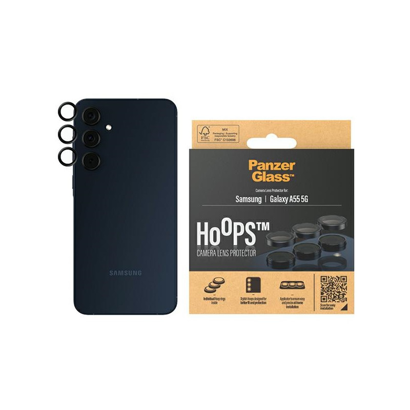„PanzerGlass Hoops“ fotoaparato apsauga, skirta Samsung Galaxy A55 5G – su juodu rėmeliu