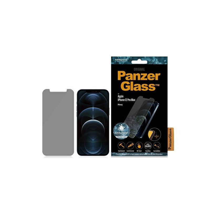 PanzerGlass Standard Super+ antibakterinis privatumas grūdintas stiklas, skirtas iPhone 12 Pro Max