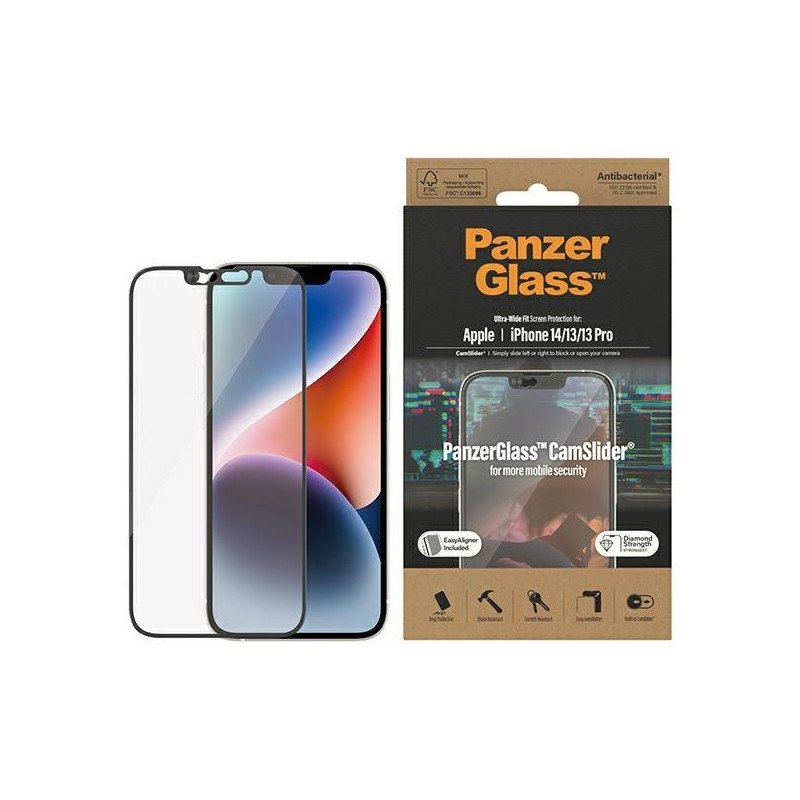 PanzerGlass Ultra-Wide Fit antibakterinis grūdintas stiklas su fotoaparato dangteliu ir padėties nustatymo įtaisu, skirt...