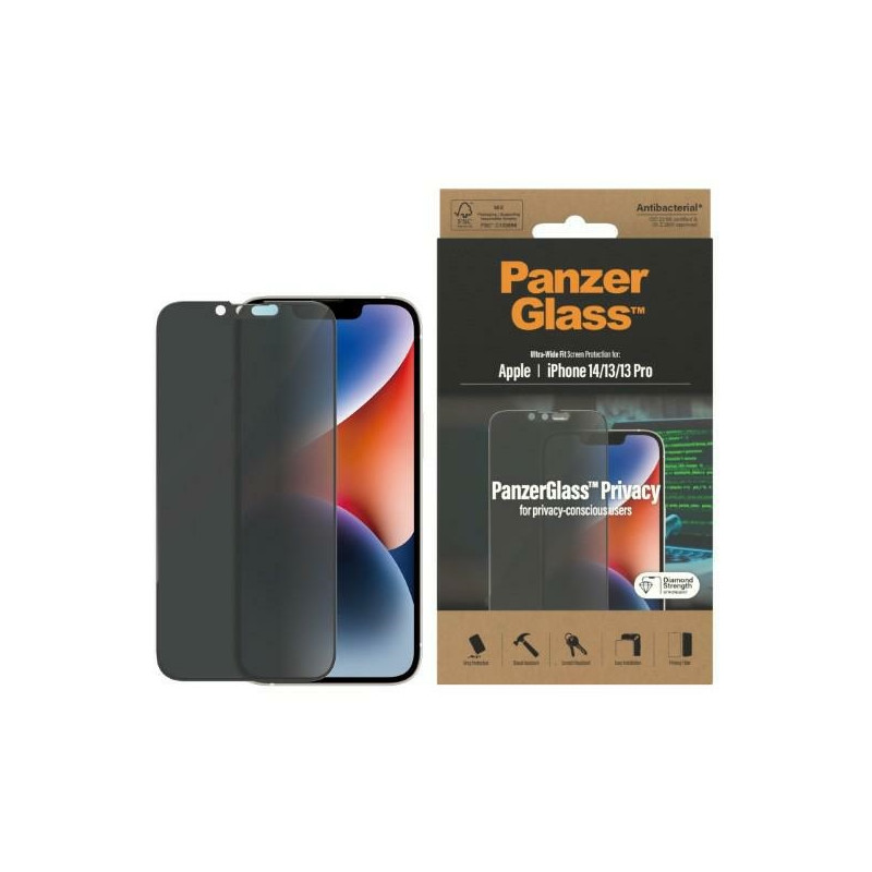 „PanzerGlass Ultra-Wide Fit“ grūdinto stiklo antibakterinis privatumas, skirtas „iPhone 14/ 13 Pro/ 13“