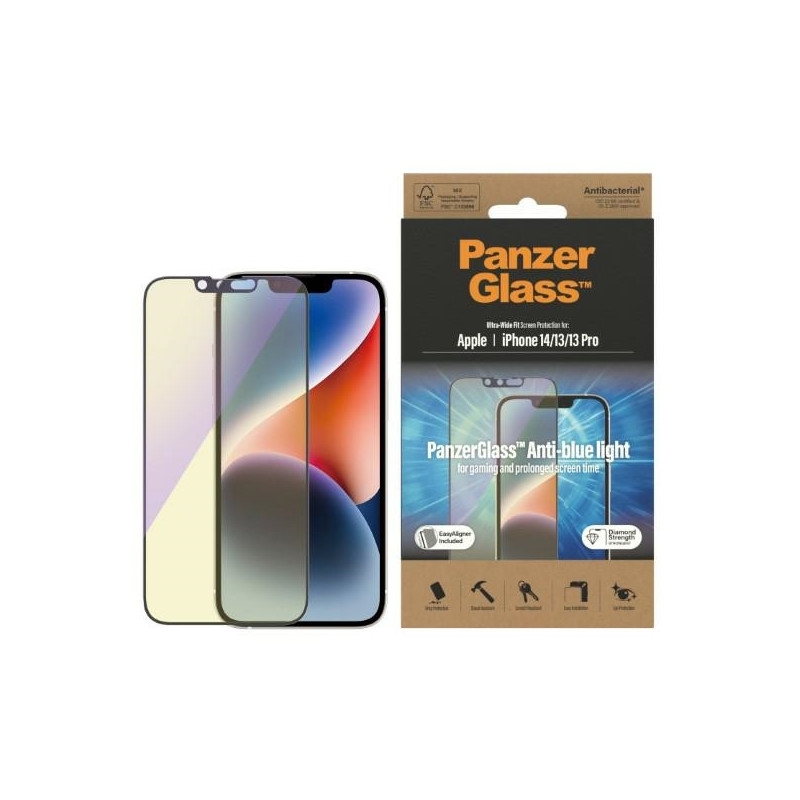 PanzerGlass Ultra-Wide Fit antibakterinis grūdintas stiklas su mėlynos šviesos filtru ir padėties nustatymo įtaisu, skir...