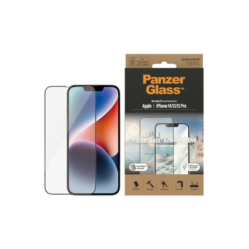 PanzerGlass Ultra-Wide Fit antibakterinis grūdintas stiklas su akinimo filtru ir padėties nustatymo įtaisu, skirtas iPho...