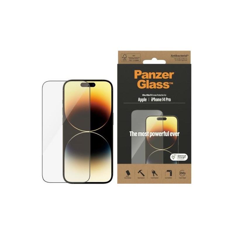 PanzerGlass Ultra-Wide Fit antibakterinis grūdintas stiklas, skirtas iPhone 14 Pro