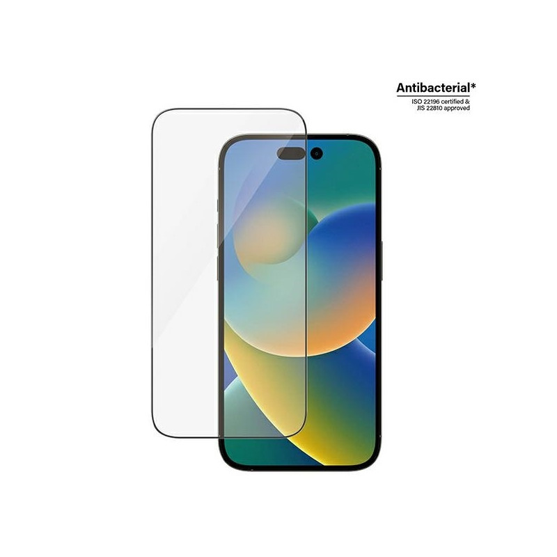 PanzerGlass Ultra-Wide Fit antibakterinis grūdintas stiklas su padėties įtaisu, skirtas iPhone 14 Pro