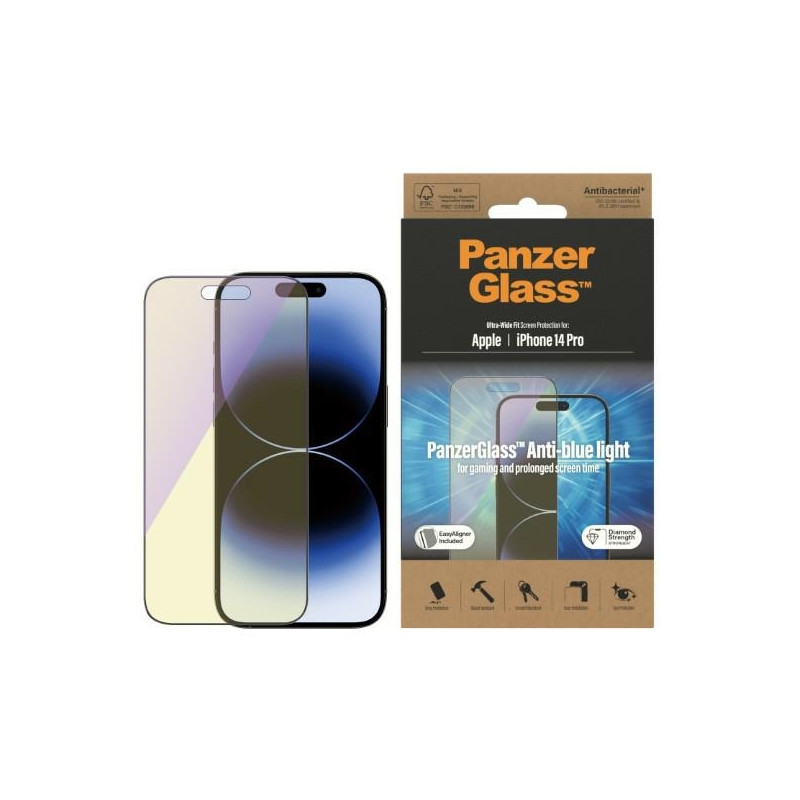 PanzerGlass Ultra-Wide Fit antibakterinis grūdintas stiklas su mėlynos šviesos filtru ir padėties nustatymo įtaisu, skir...