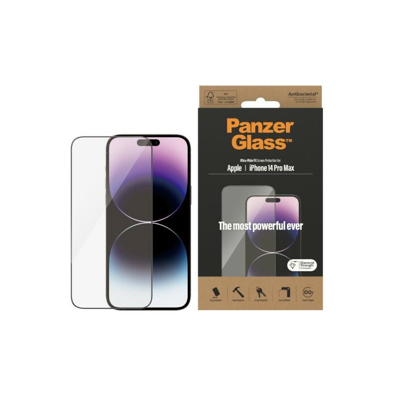 PanzerGlass Ultra-Wide Fit antibakterinis grūdintas stiklas, skirtas iPhone 14 Pro Max