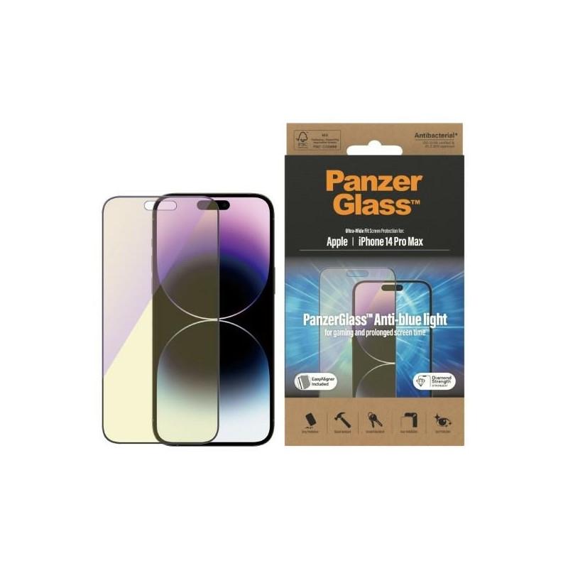 PanzerGlass Ultra-Wide Fit antibakterinis grūdintas stiklas su mėlynos šviesos filtru ir padėties nustatymo įtaisu, skir...