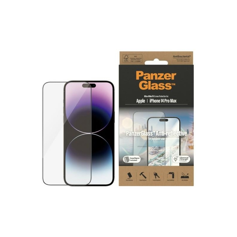 PanzerGlass Ultra-Wide Fit antibakterinis grūdintas stiklas su akinimo filtru ir padėties nustatymo įtaisu, skirtas iPho...