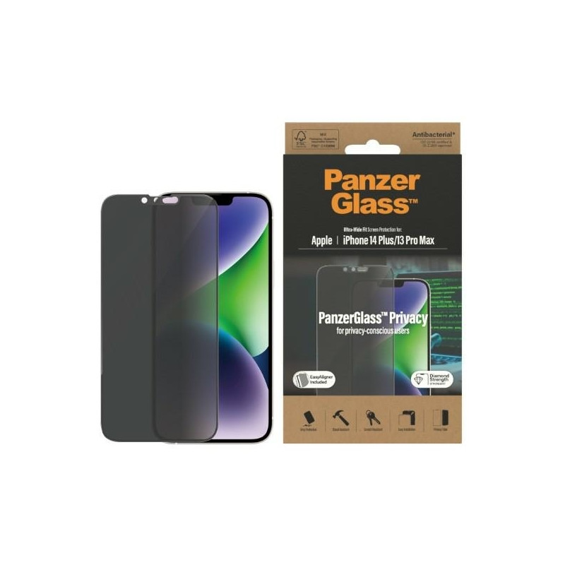 „PanzerGlass Ultra-Wide Fit“ grūdinto stiklo antibakterinis privatumas su padėties įtaisu, skirtu „iPhone 14 Plus“ / „13...