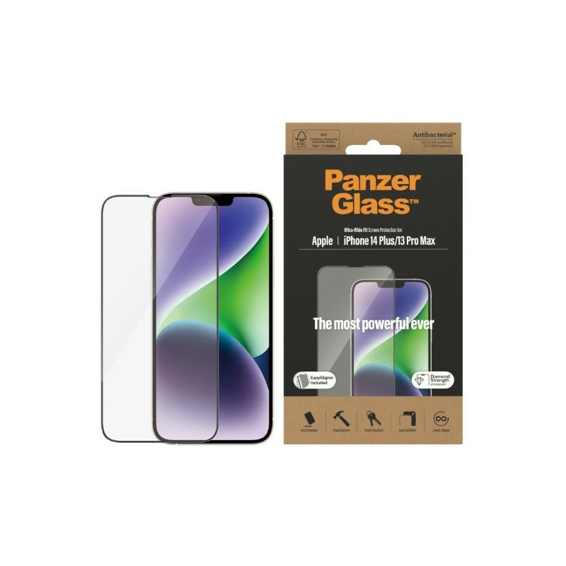 PanzerGlass Ultra-Wide Fit antibakterinis grūdintas stiklas su padėties įtaisu, skirtas iPhone 14 Plus / 13 Pro Max