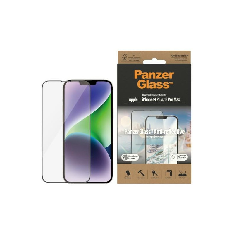 PanzerGlass Ultra-Wide Fit antibakterinis grūdintas stiklas su akinimo filtru ir padėties nustatymo įtaisu, skirtas iPho...
