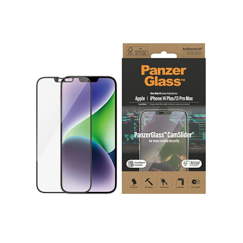 PanzerGlass Ultra-Wide Fit antibakterinis grūdintas stiklas su kameros dangteliu ir padėties nustatymo reguliatoriumi iP...
