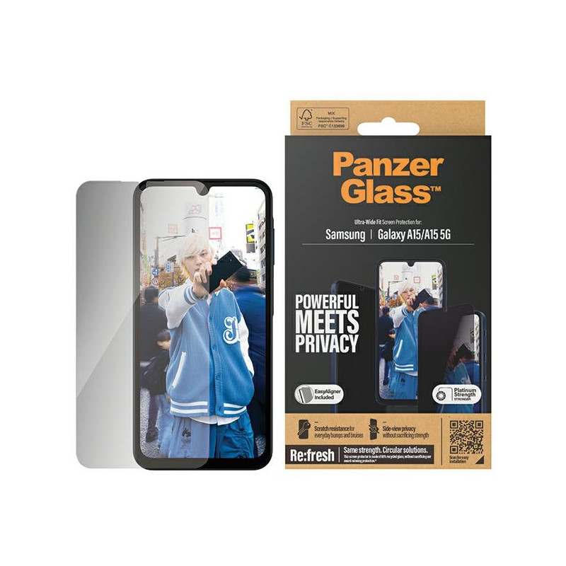 PanzerGlass Ultra-Wide Fit Privacy grūdintas stiklas su padėties įtaisu, skirtas Samsung Galaxy A15 / A15 5G