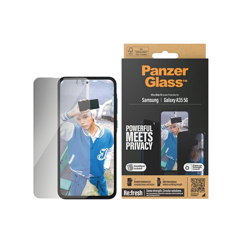 PanzerGlass Ultra-Wide Fit Privacy grūdintas stiklas su padėties įtaisu, skirtas Samsung Galaxy A35 5G