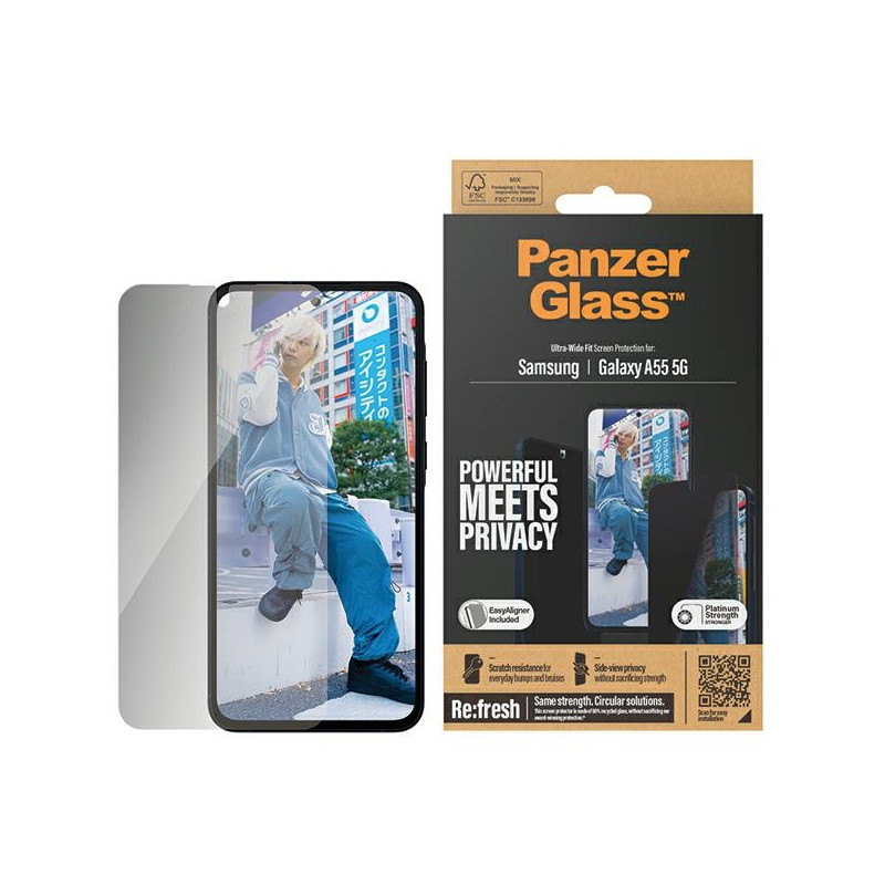 PanzerGlass Ultra-Wide Fit Privacy grūdintas stiklas su padėties įtaisu, skirtas Samsung Galaxy A55 5G